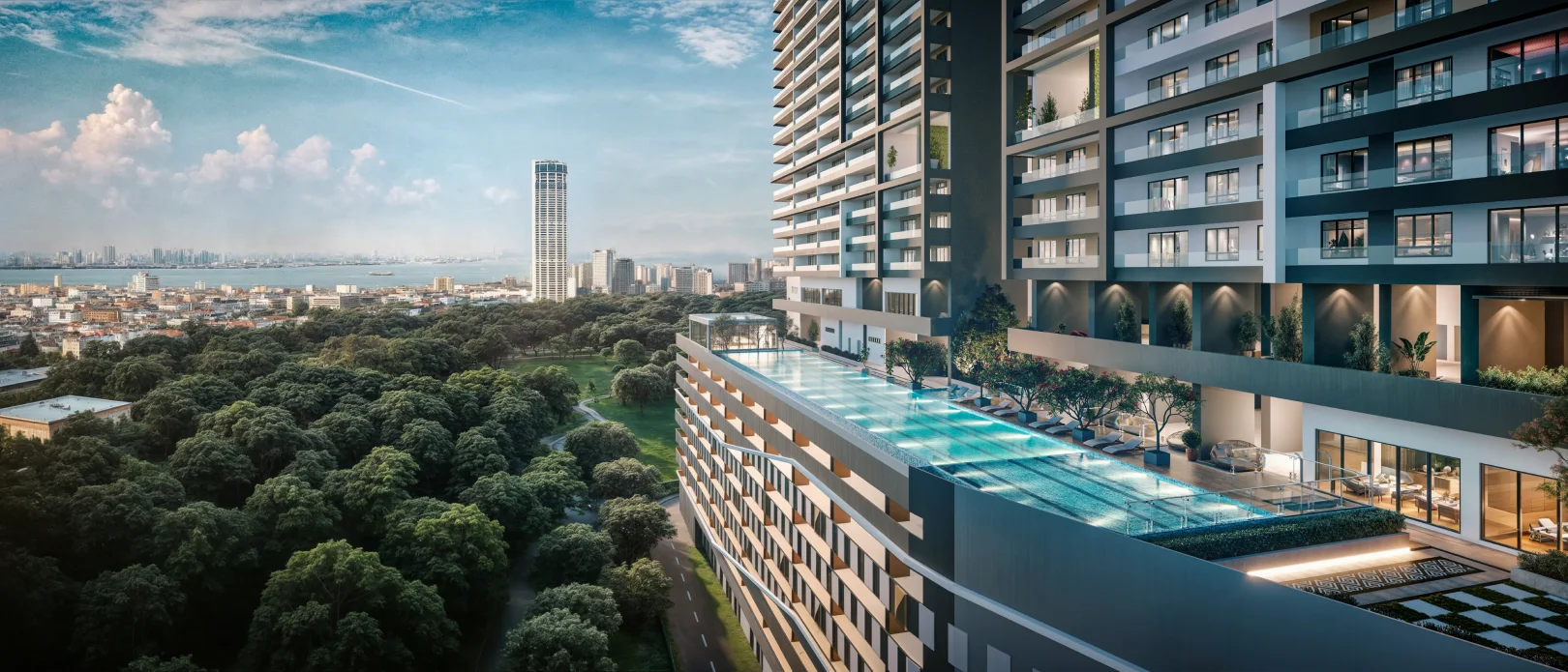 Lumina Residence towers and elevated pool overlooking George Town